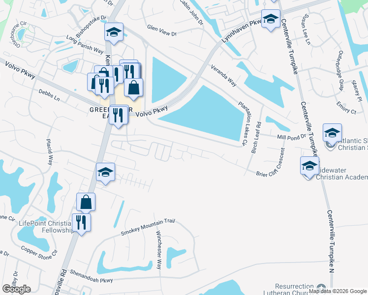 map of restaurants, bars, coffee shops, grocery stores, and more near 1400 Shortleaf Lane in Chesapeake