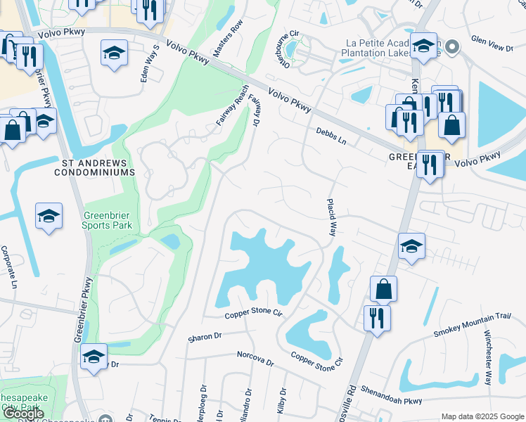 map of restaurants, bars, coffee shops, grocery stores, and more near 1014 Copper Stone Circle in Chesapeake