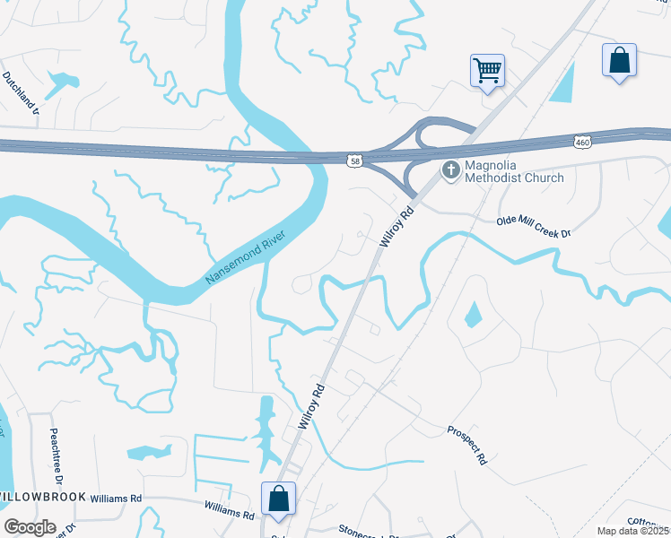 map of restaurants, bars, coffee shops, grocery stores, and more near 1535 River Creek Crescent in Suffolk