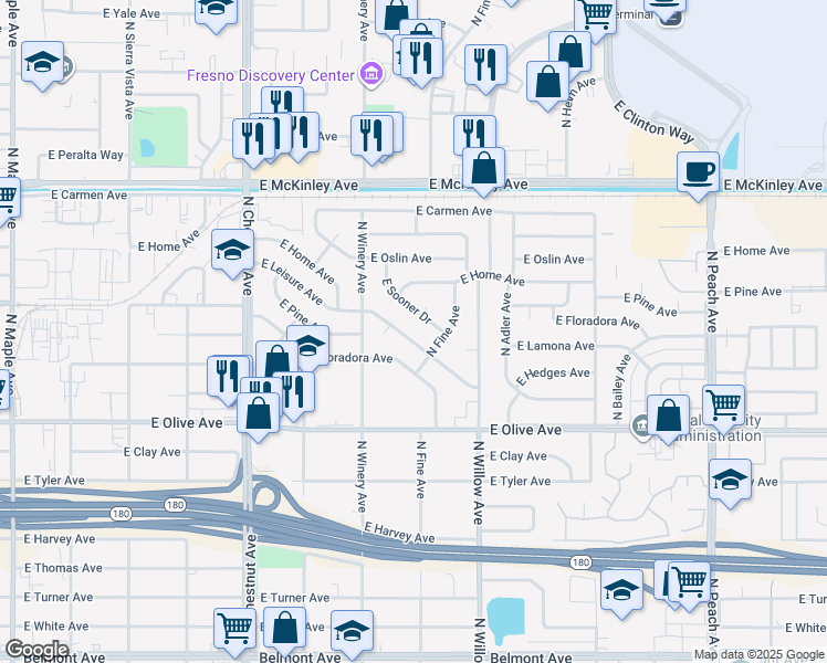 map of restaurants, bars, coffee shops, grocery stores, and more near 4947 East Leisure Avenue in Fresno