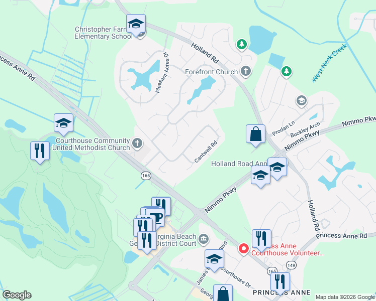 map of restaurants, bars, coffee shops, grocery stores, and more near 2301 Rosebay Court in Virginia Beach