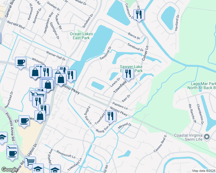 map of restaurants, bars, coffee shops, grocery stores, and more near 1001 Hawthorne Farm Terrace in Virginia Beach