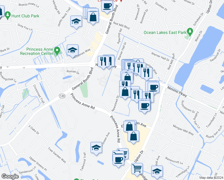 map of restaurants, bars, coffee shops, grocery stores, and more near 1320 Chippokes Ct in Virginia Beach
