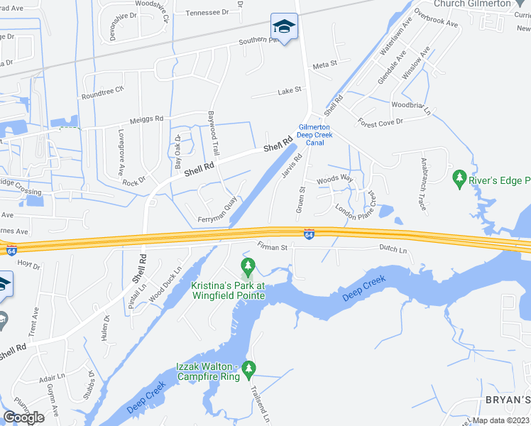 map of restaurants, bars, coffee shops, grocery stores, and more near 206 Jarvis Road in Chesapeake