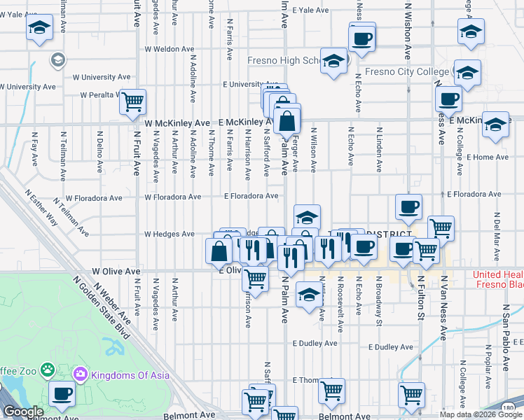 map of restaurants, bars, coffee shops, grocery stores, and more near 1362 North Safford Avenue in Fresno