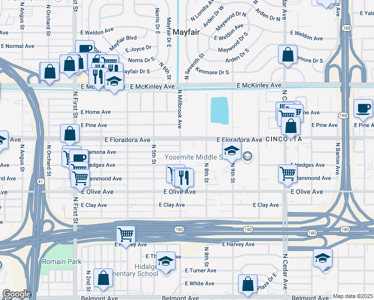 map of restaurants, bars, coffee shops, grocery stores, and more near 1352 North Millbrook Avenue in Fresno