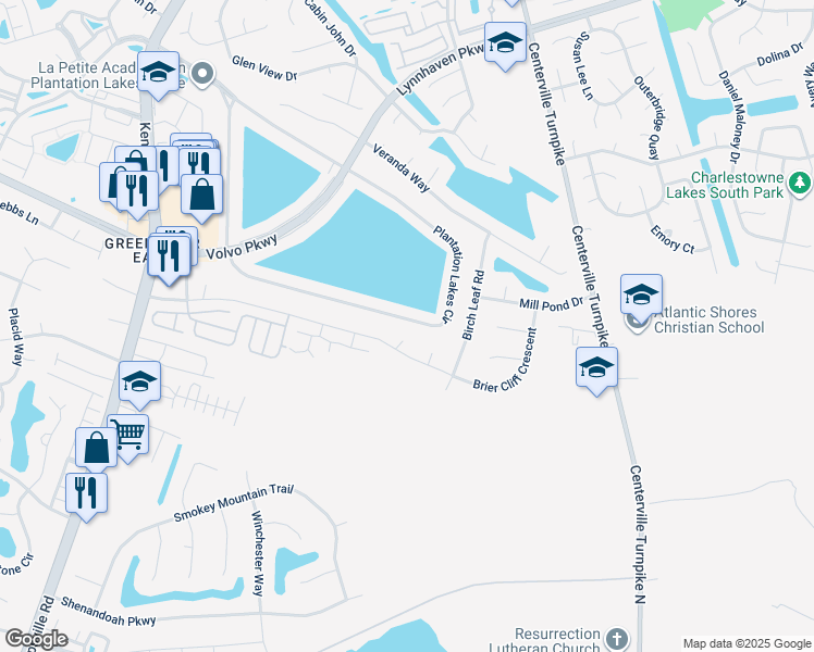 map of restaurants, bars, coffee shops, grocery stores, and more near 1406 Plantation Lakes Circle in Chesapeake