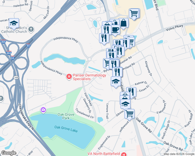 map of restaurants, bars, coffee shops, grocery stores, and more near 1222 Alder Court in Chesapeake