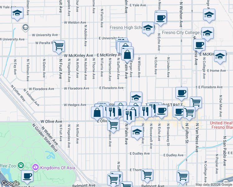 map of restaurants, bars, coffee shops, grocery stores, and more near 1362 North Safford Avenue in Fresno