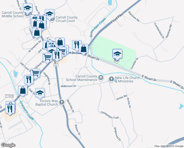 map of restaurants, bars, coffee shops, grocery stores, and more near 100 Kyle Drive in Hillsville