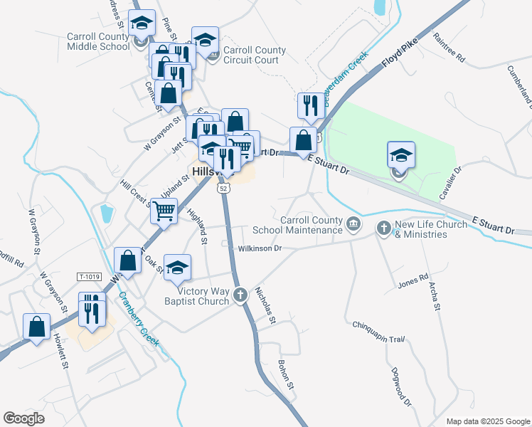 map of restaurants, bars, coffee shops, grocery stores, and more near 222 Fulcher Street in Hillsville
