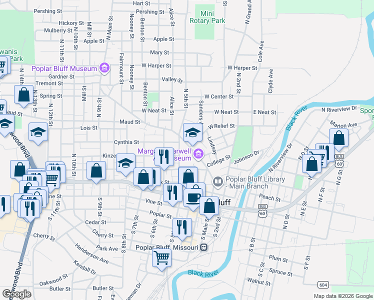 map of restaurants, bars, coffee shops, grocery stores, and more near 437 North Main Street in Poplar Bluff