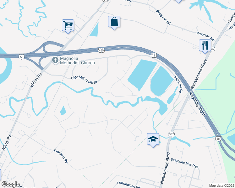 map of restaurants, bars, coffee shops, grocery stores, and more near 1783 Mill Wood Way in Suffolk