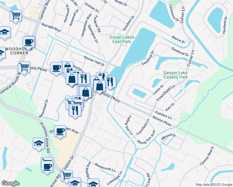 map of restaurants, bars, coffee shops, grocery stores, and more near 1068 Sandoval Drive in Virginia Beach