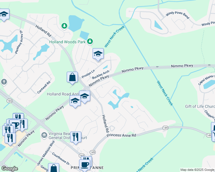 map of restaurants, bars, coffee shops, grocery stores, and more near 2408 Ridgedale Court in Virginia Beach