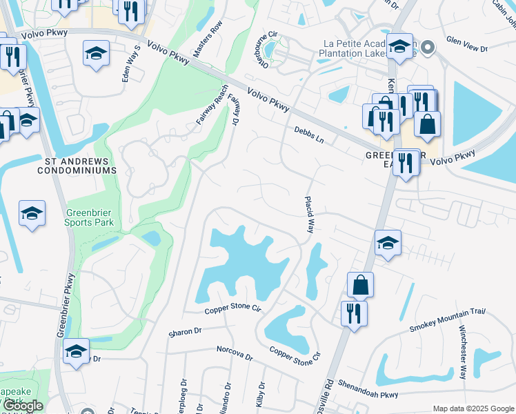 map of restaurants, bars, coffee shops, grocery stores, and more near 1305 John Anthony Court in Chesapeake