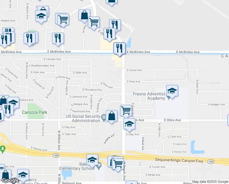 map of restaurants, bars, coffee shops, grocery stores, and more near 5171 East Lamona Avenue in Fresno