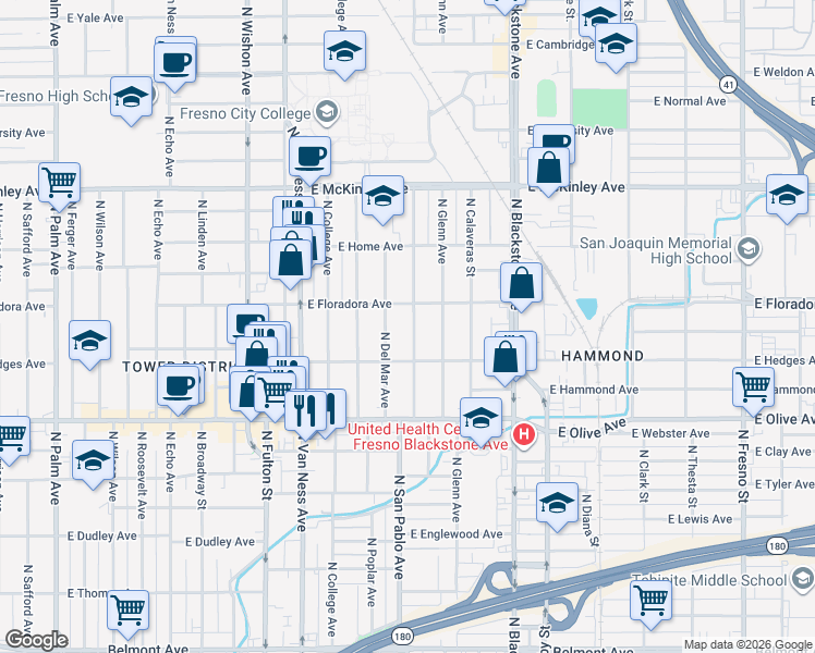 map of restaurants, bars, coffee shops, grocery stores, and more near 1365 North San Pablo Avenue in Fresno