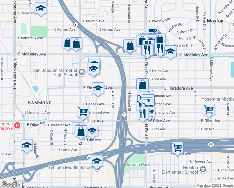 map of restaurants, bars, coffee shops, grocery stores, and more near 2921 East Lamona Avenue in Fresno