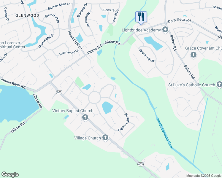 map of restaurants, bars, coffee shops, grocery stores, and more near 4216 Feather Ridge Dr in Virginia Beach