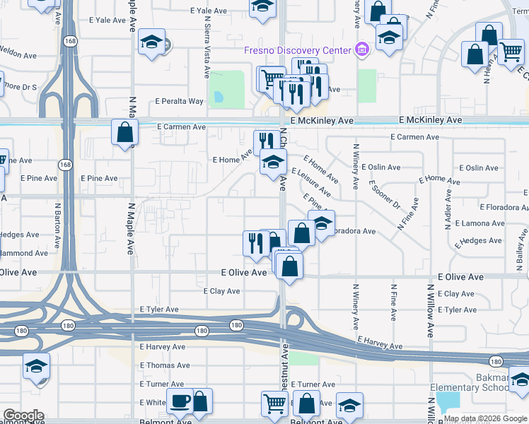 map of restaurants, bars, coffee shops, grocery stores, and more near 4779 East Lamona Avenue in Fresno
