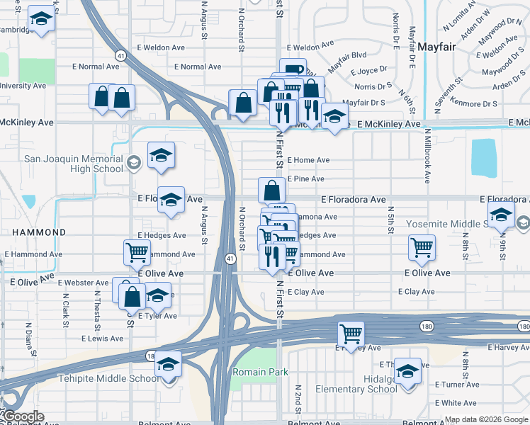 map of restaurants, bars, coffee shops, grocery stores, and more near 3059 East Lamona Avenue in Fresno