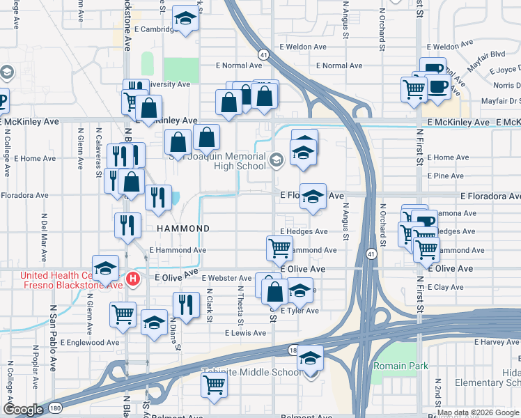 map of restaurants, bars, coffee shops, grocery stores, and more near 2415 East Lamona Avenue in Fresno