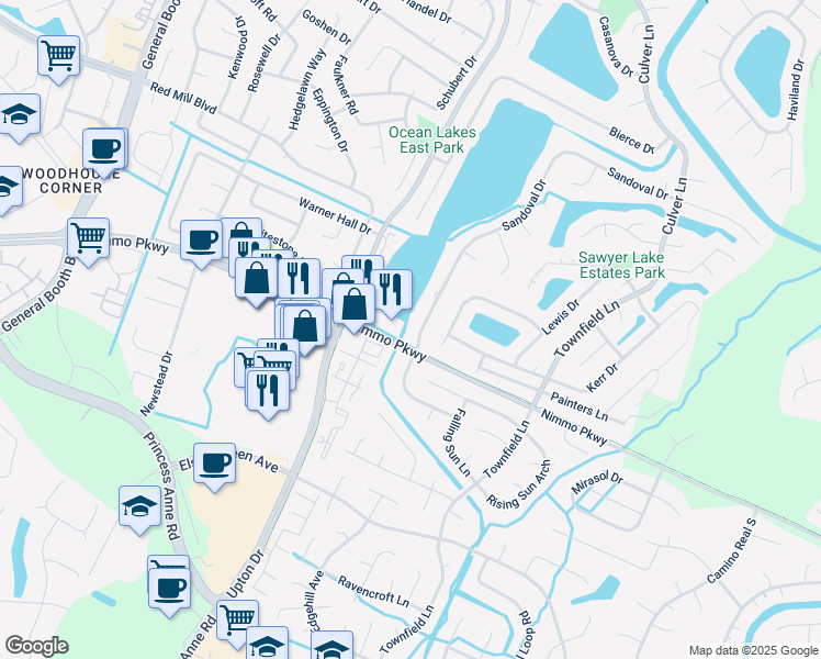 map of restaurants, bars, coffee shops, grocery stores, and more near 1068 Sandoval Drive in Virginia Beach
