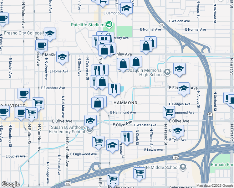 map of restaurants, bars, coffee shops, grocery stores, and more near 1855 East Lamona Avenue in Fresno