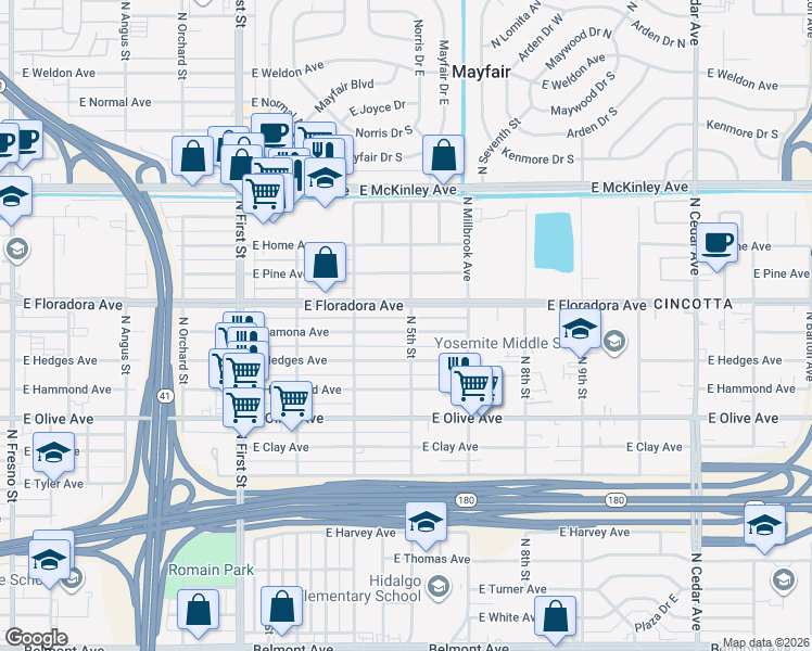map of restaurants, bars, coffee shops, grocery stores, and more near 3495 East Lamona Avenue in Fresno