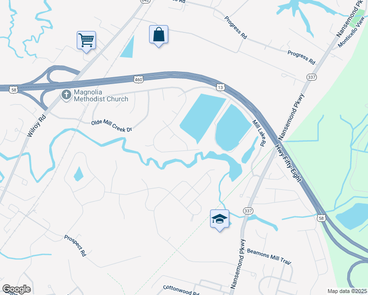 map of restaurants, bars, coffee shops, grocery stores, and more near 1201 Mill Lane Quarter in Suffolk
