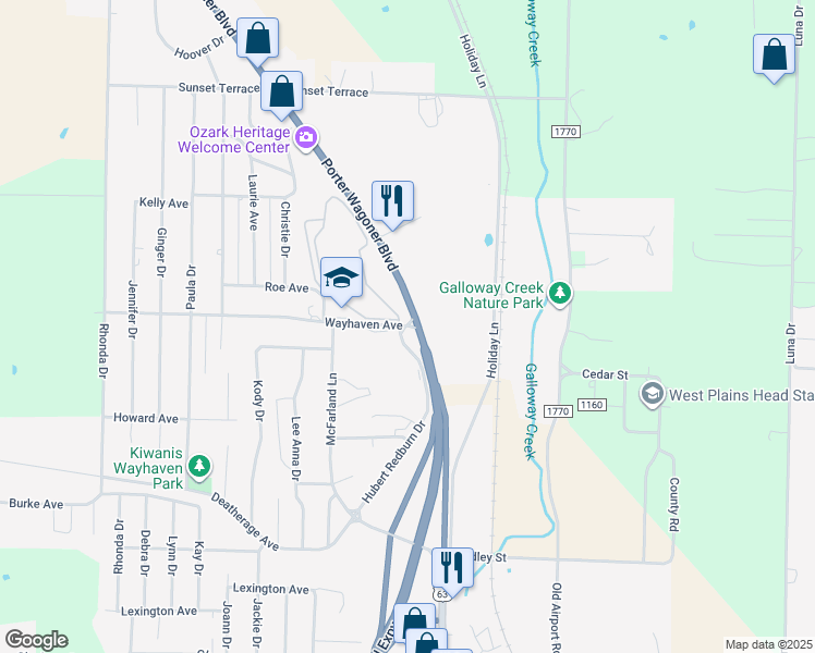 map of restaurants, bars, coffee shops, grocery stores, and more near 1715 Wayhaven Avenue in West Plains