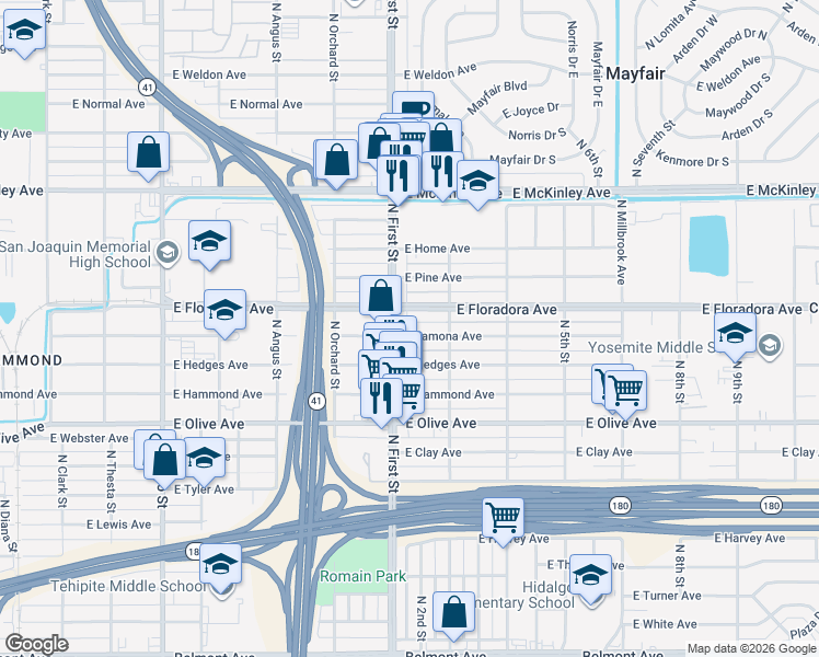 map of restaurants, bars, coffee shops, grocery stores, and more near 3127 East Lamona Avenue in Fresno