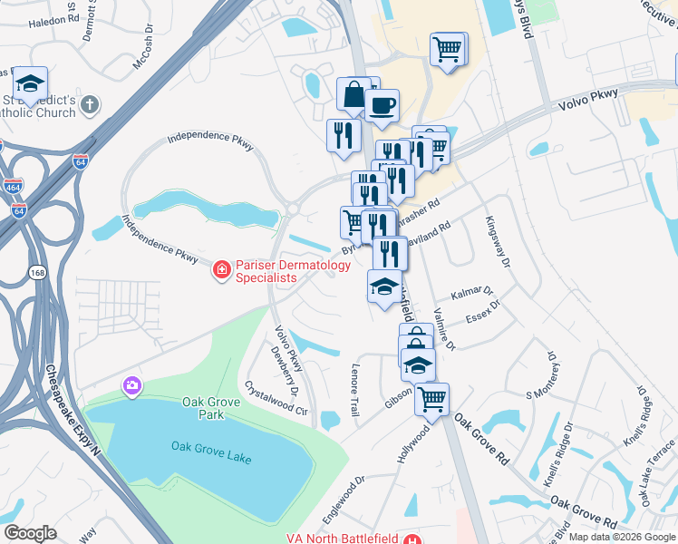 map of restaurants, bars, coffee shops, grocery stores, and more near 1100 Madison Plaza in Chesapeake