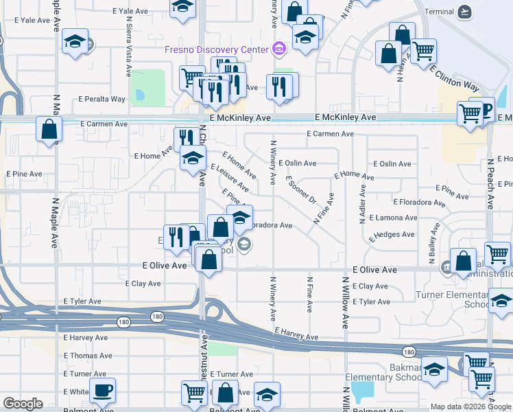 map of restaurants, bars, coffee shops, grocery stores, and more near 4879 East Pine Avenue in Fresno