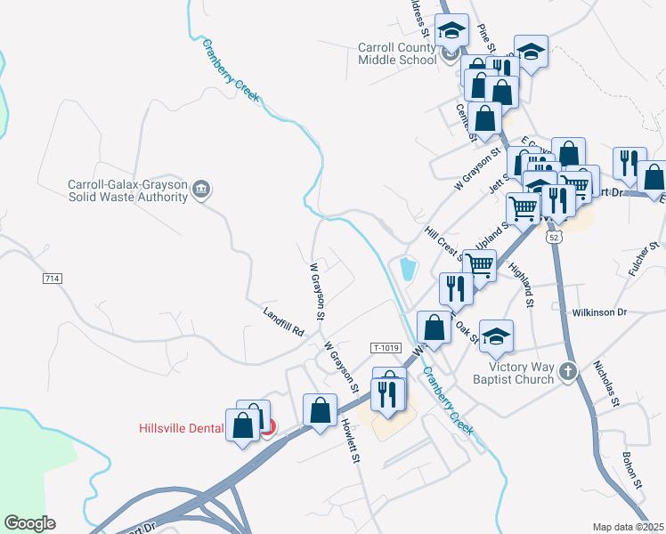 map of restaurants, bars, coffee shops, grocery stores, and more near Redbud Dr in Hillsville