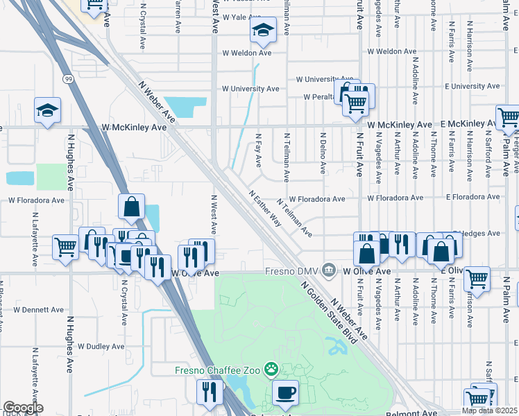 map of restaurants, bars, coffee shops, grocery stores, and more near 1395 North Esther Way in Fresno