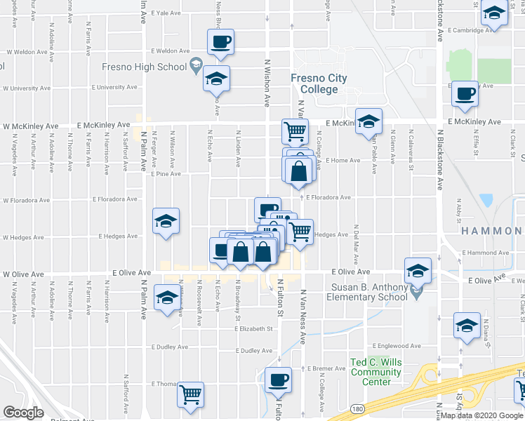 map of restaurants, bars, coffee shops, grocery stores, and more near 1353 North Wishon Avenue in Fresno