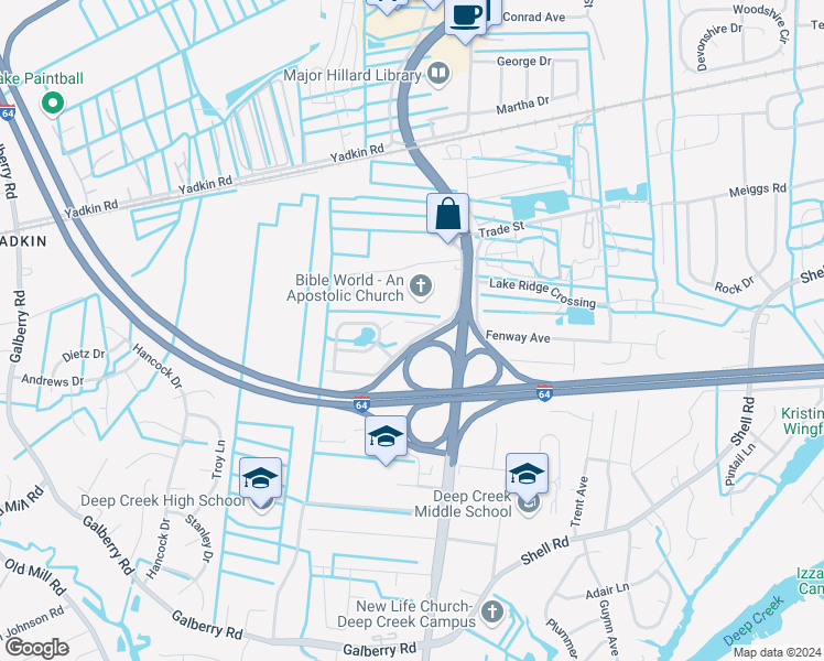 map of restaurants, bars, coffee shops, grocery stores, and more near 536 Happy Acres Road in Chesapeake