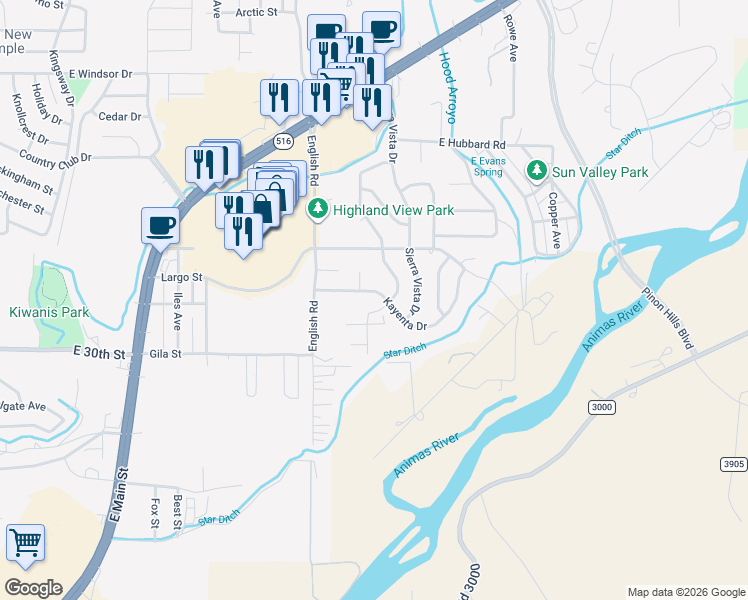 map of restaurants, bars, coffee shops, grocery stores, and more near 3301-3499 Highland View Drive in Farmington