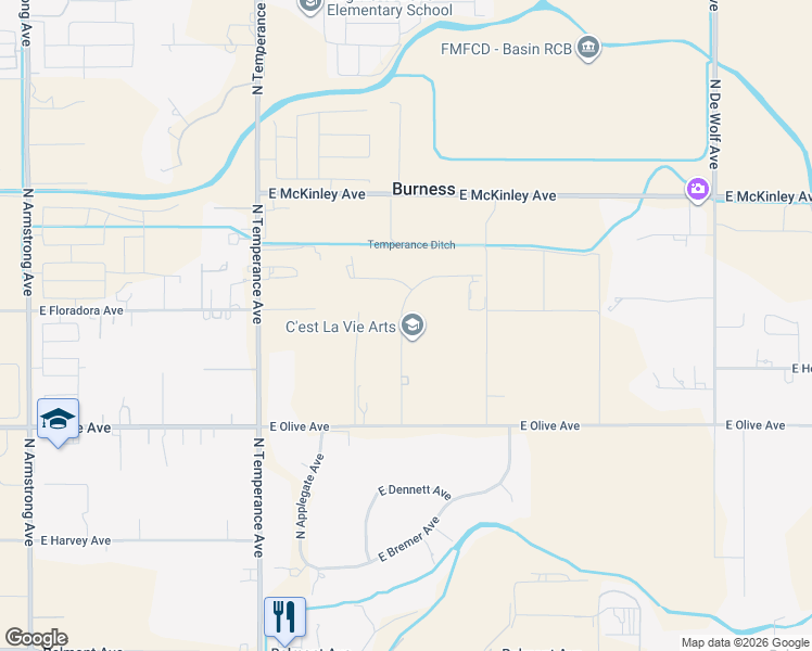 map of restaurants, bars, coffee shops, grocery stores, and more near 1698 North Hornet Avenue in Fresno