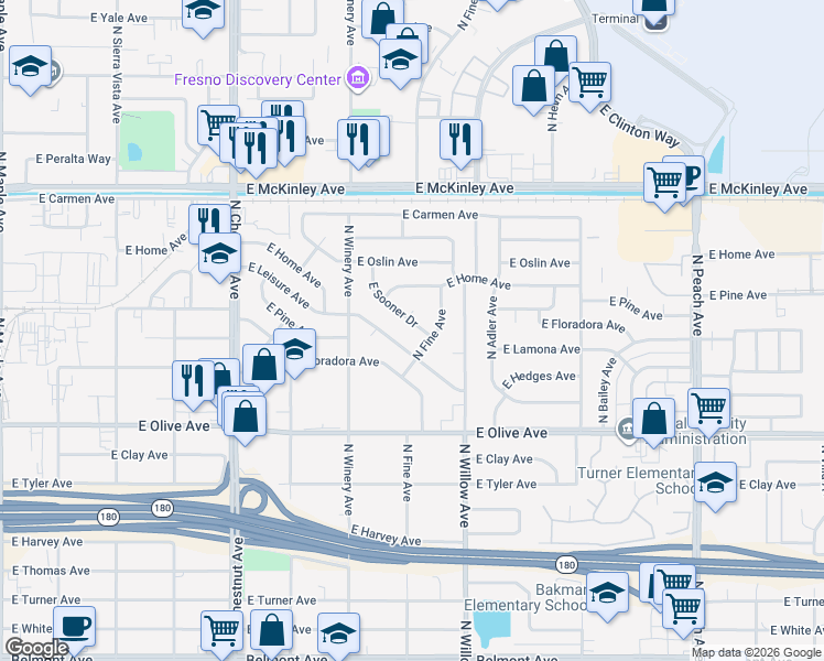 map of restaurants, bars, coffee shops, grocery stores, and more near 4947 East Leisure Avenue in Fresno