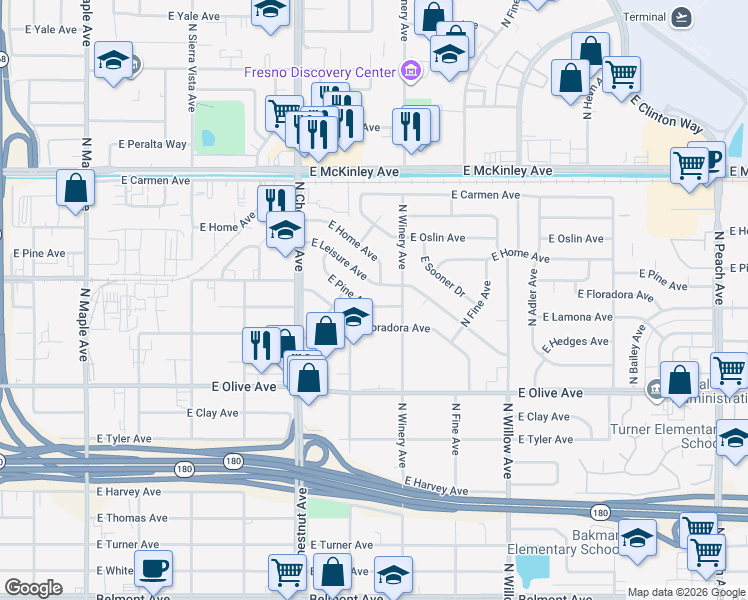 map of restaurants, bars, coffee shops, grocery stores, and more near 4879 East Pine Avenue in Fresno