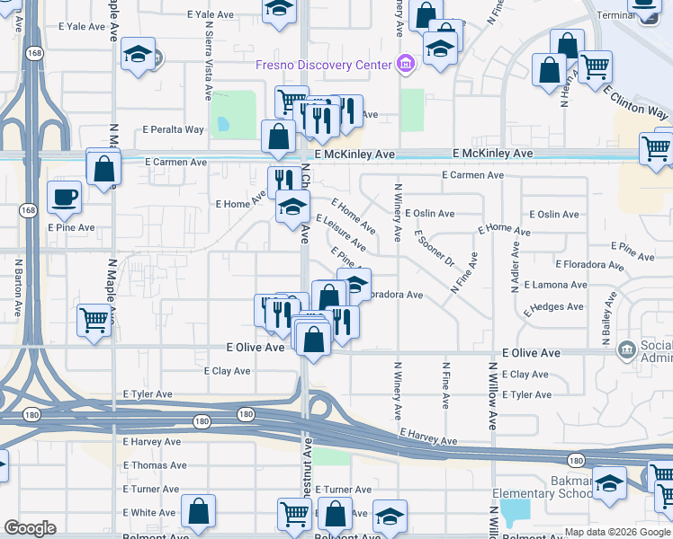 map of restaurants, bars, coffee shops, grocery stores, and more near 4839 East Floradora Avenue in Fresno