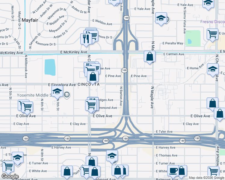 map of restaurants, bars, coffee shops, grocery stores, and more near 4459 East Lamona Avenue in Fresno
