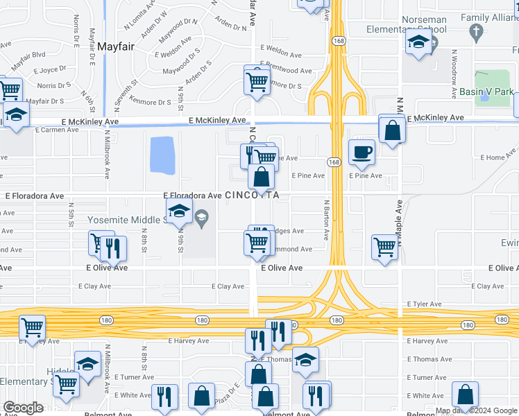 map of restaurants, bars, coffee shops, grocery stores, and more near 1346 North Cedar Avenue in Fresno