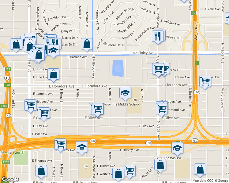 map of restaurants, bars, coffee shops, grocery stores, and more near 1330 North 8th Street in Fresno