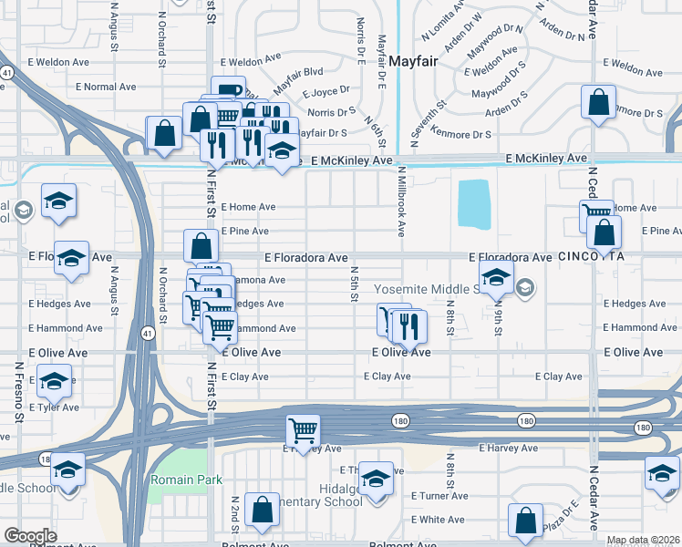 map of restaurants, bars, coffee shops, grocery stores, and more near 3495 East Lamona Avenue in Fresno