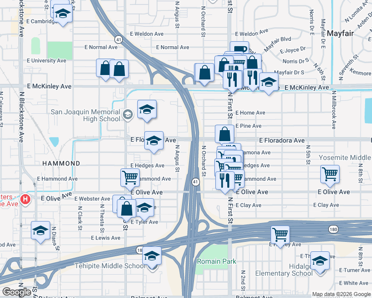 map of restaurants, bars, coffee shops, grocery stores, and more near 2921 East Lamona Avenue in Fresno