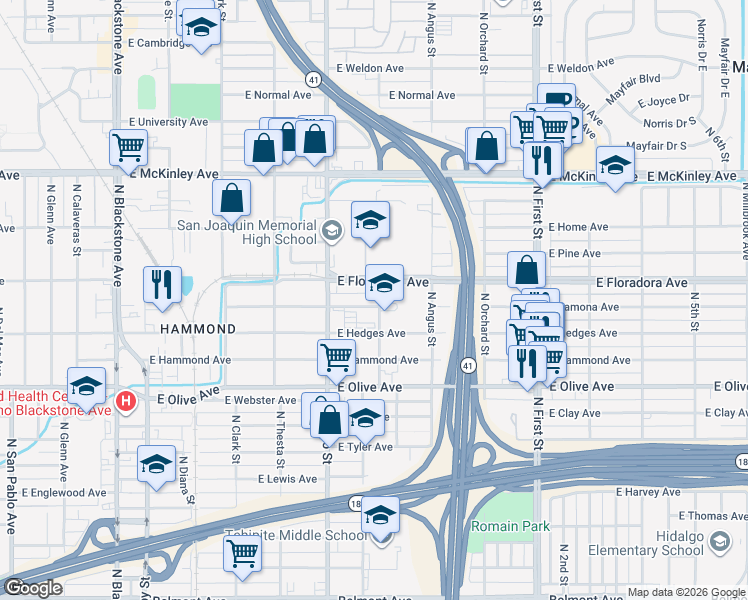 map of restaurants, bars, coffee shops, grocery stores, and more near 1343 North Mariposa Street in Fresno